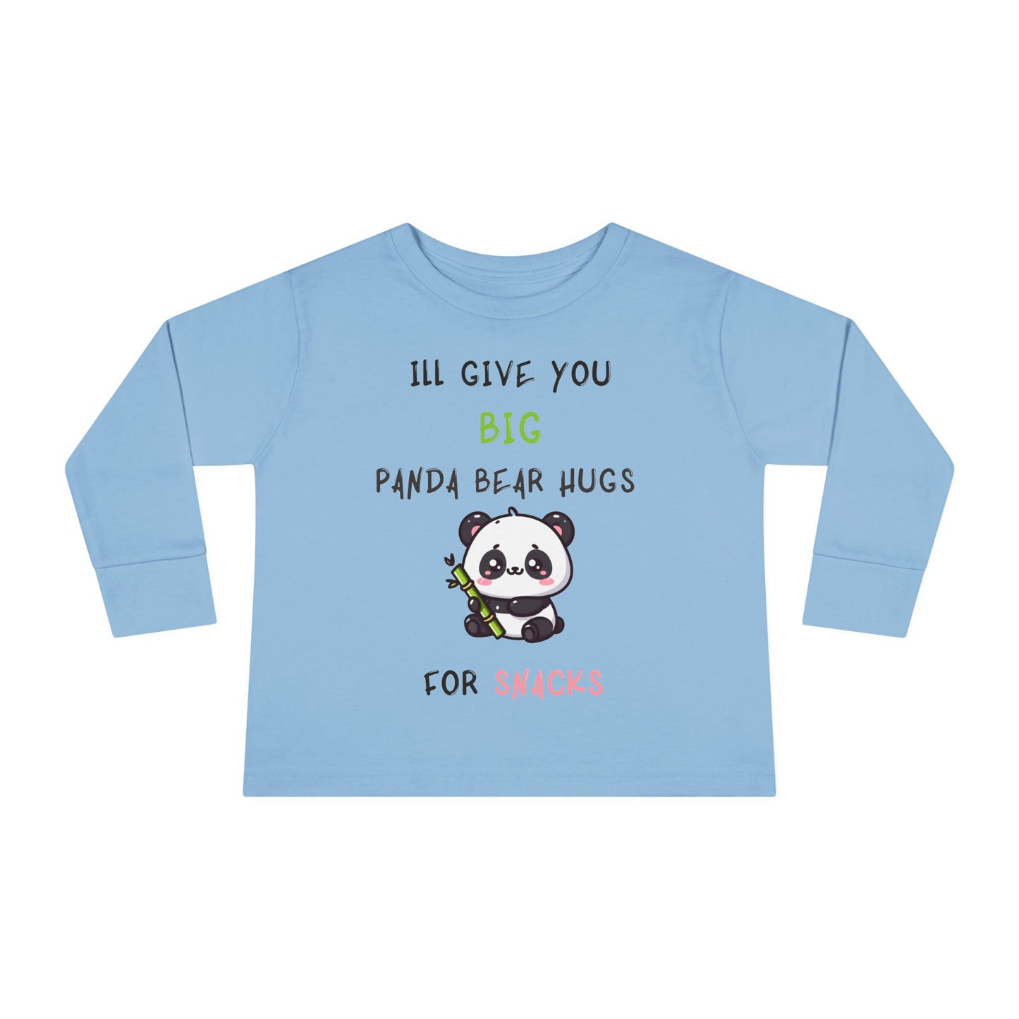 "Ill give you big panda bear hugs for snacks" Long Sleeve Tee with Panda Design, Perfect for Birthday Gifts, Playdates, Everyday Wear, Animal Lovers, Spring Celebrations