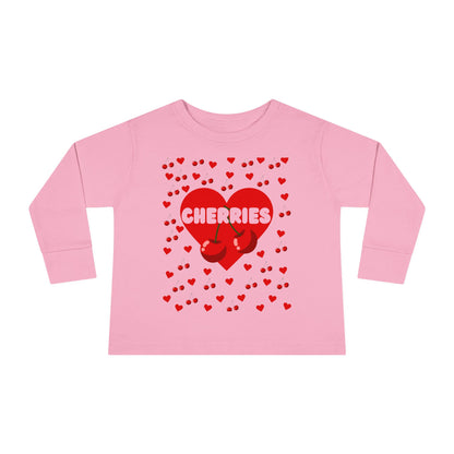 Cherries with Hearts Toddler Long Sleeve Tee, Cute Kids Shirt, Fruit Design Baby Shirt, Valentine's Day Top, Children's Clothing