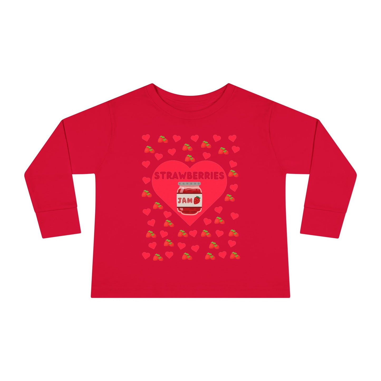 Strawberry Jam Hearts Toddler Tee, Long Sleeve Shirt for Kids, Fruit Lover Child Top, Cute Food Baby Outfit, Red Berry Print Youth Clothing