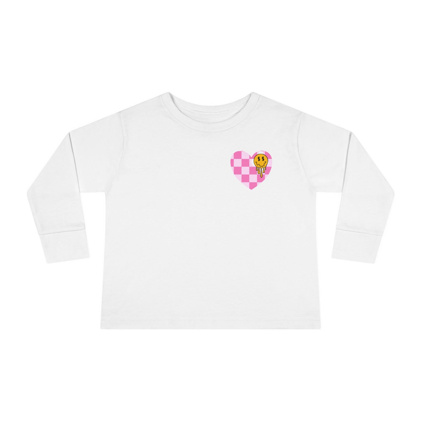 Checkered Pink Heart Toddler Tee, Smiley Face Long Sleeve Shirt for Kids, Girls Fashion Top, Children's Graphic Apparel, Cute Baby Clothes