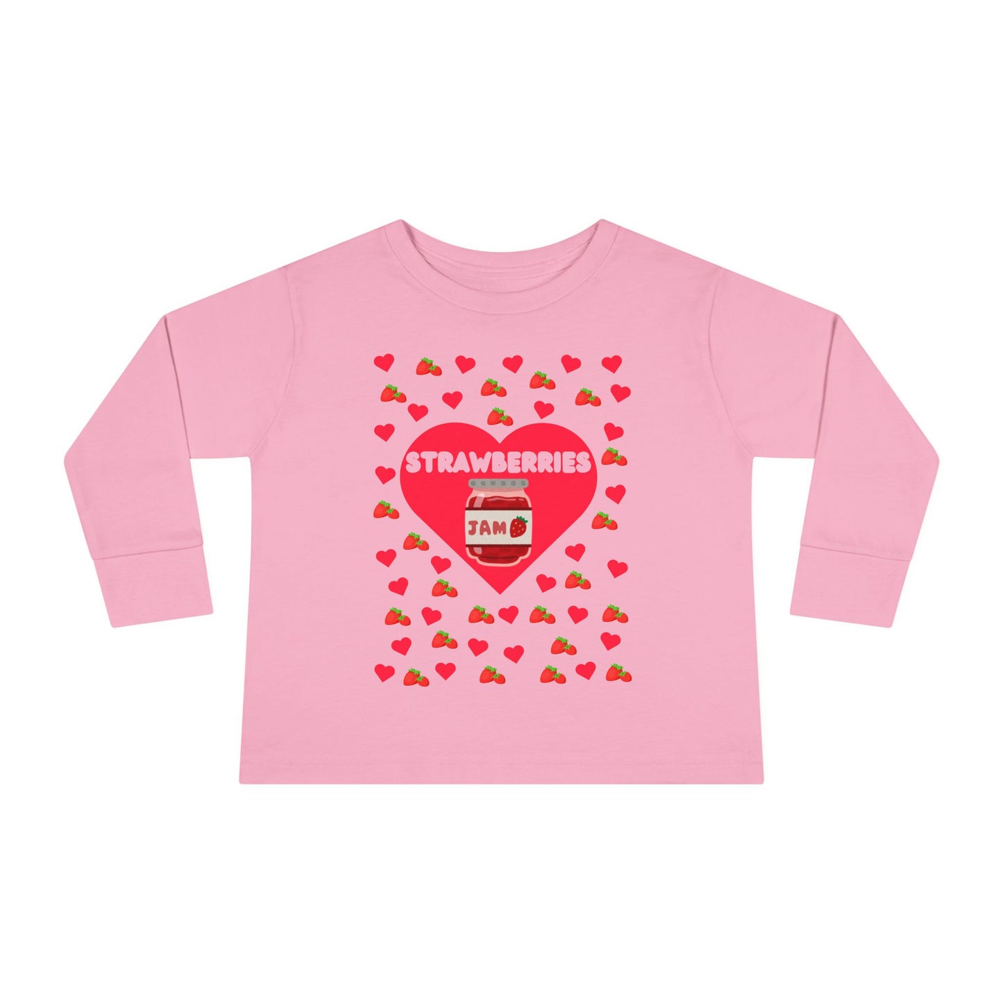 Strawberry Jam Hearts Toddler Tee, Long Sleeve Shirt for Kids, Fruit Lover Child Top, Cute Food Baby Outfit, Red Berry Print Youth Clothing