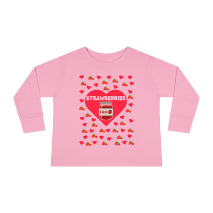 Strawberry Jam Hearts Toddler Tee, Long Sleeve Shirt for Kids, Fruit Lover Child Top, Cute Food Baby Outfit, Red Berry Print Youth Clothing