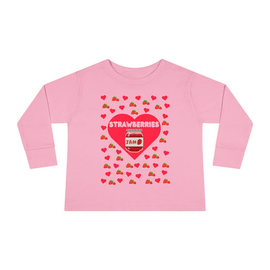 Strawberry Jam Hearts Toddler Tee, Long Sleeve Shirt for Kids, Fruit Lover Child Top, Cute Food Baby Outfit, Red Berry Print Youth Clothing