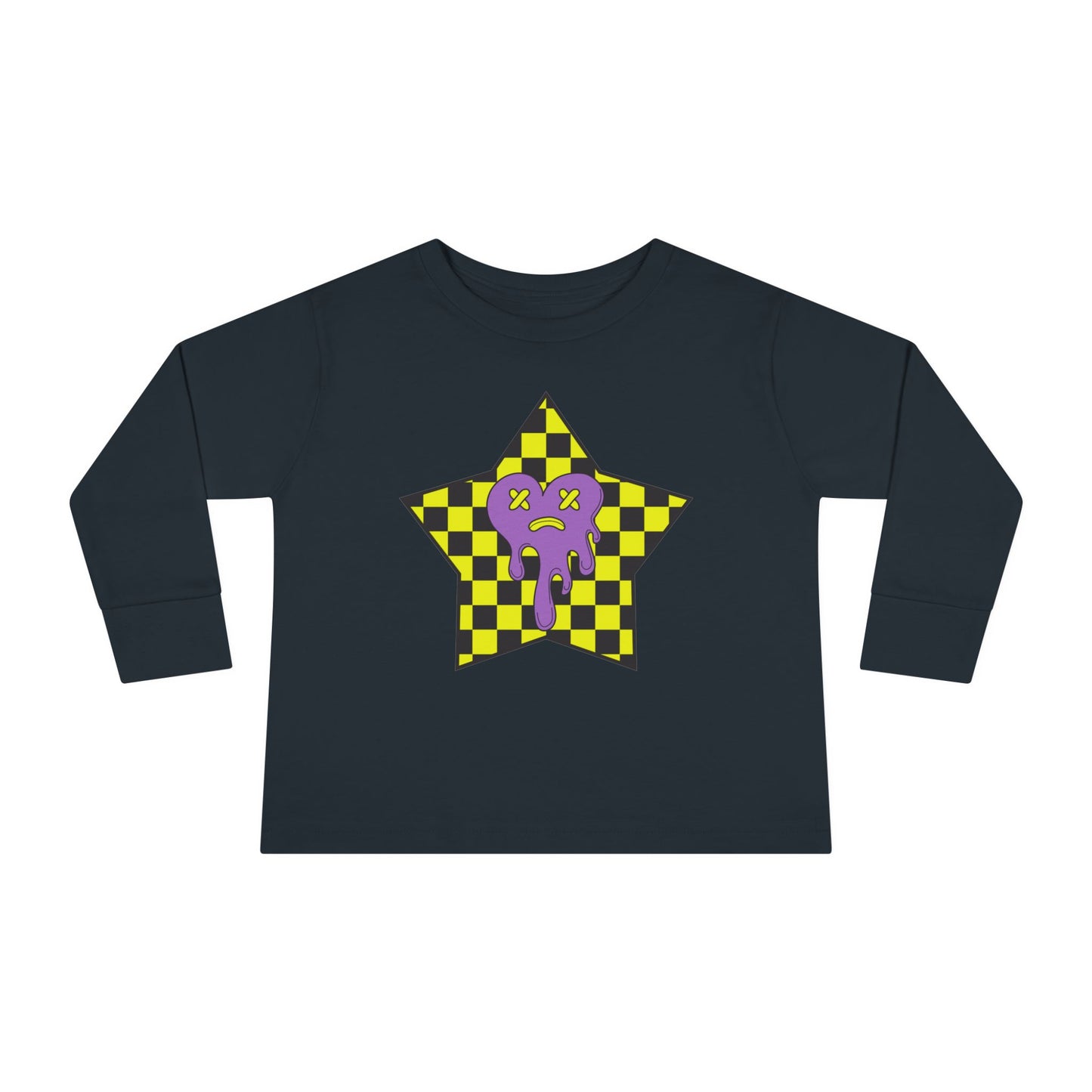 Toddler Long Sleeve Tee - Yellow Checked Star with Purple Silly Heart, Kids Shirt, Children's Clothing, Checkered Top, Fun Patterned Tshirt,