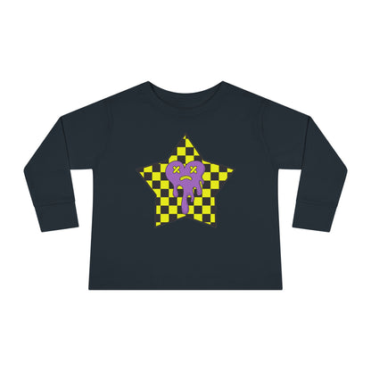 Toddler Long Sleeve Tee - Yellow Checked Star with Purple Silly Heart, Kids Shirt, Children's Clothing, Checkered Top, Fun Patterned Tshirt,