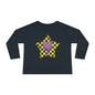 Toddler Long Sleeve Tee - Yellow Checked Star with Purple Silly Heart, Kids Shirt, Children's Clothing, Checkered Top, Fun Patterned Tshirt,