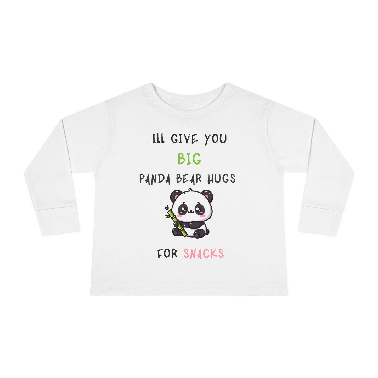 "Ill give you big panda bear hugs for snacks" Long Sleeve Tee with Panda Design, Perfect for Birthday Gifts, Playdates, Everyday Wear, Animal Lovers, Spring Celebrations