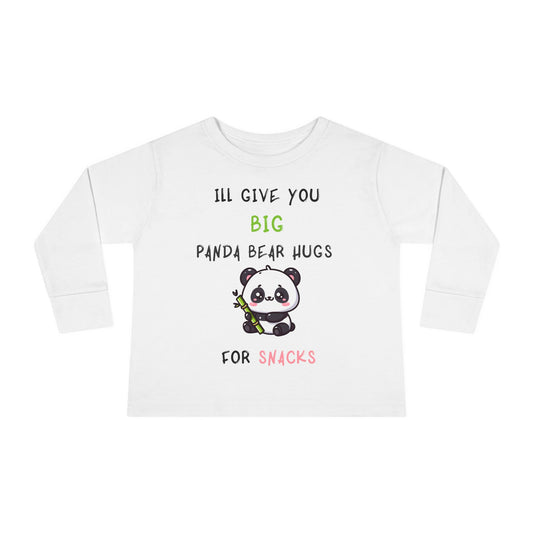 "Ill give you big panda bear hugs for snacks" Long Sleeve Tee with Panda Design, Perfect for Birthday Gifts, Playdates, Everyday Wear, Animal Lovers, Spring Celebrations