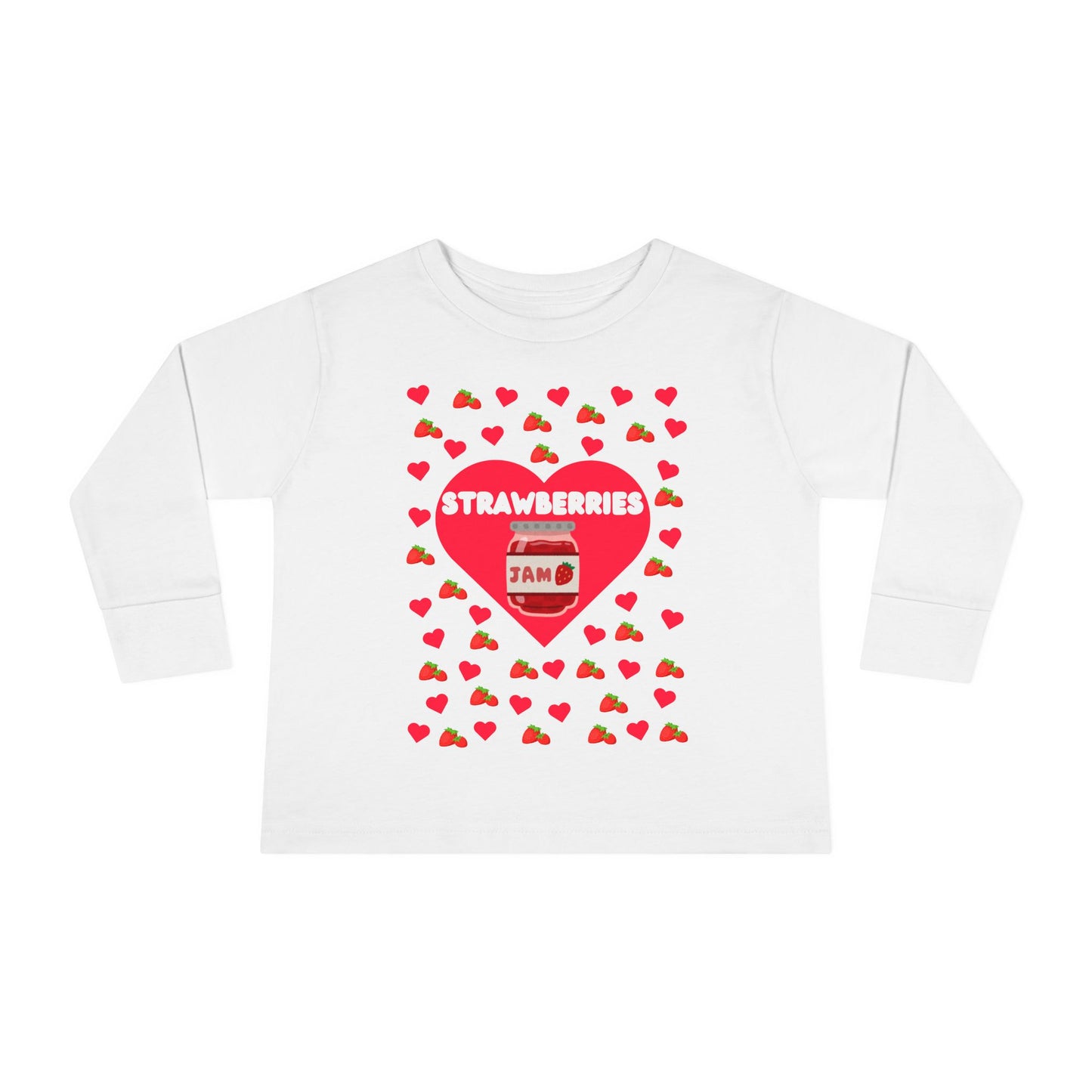 Strawberry Jam Hearts Toddler Tee, Long Sleeve Shirt for Kids, Fruit Lover Child Top, Cute Food Baby Outfit, Red Berry Print Youth Clothing