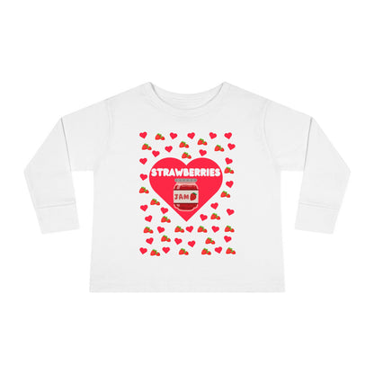 Strawberry Jam Hearts Toddler Tee, Long Sleeve Shirt for Kids, Fruit Lover Child Top, Cute Food Baby Outfit, Red Berry Print Youth Clothing