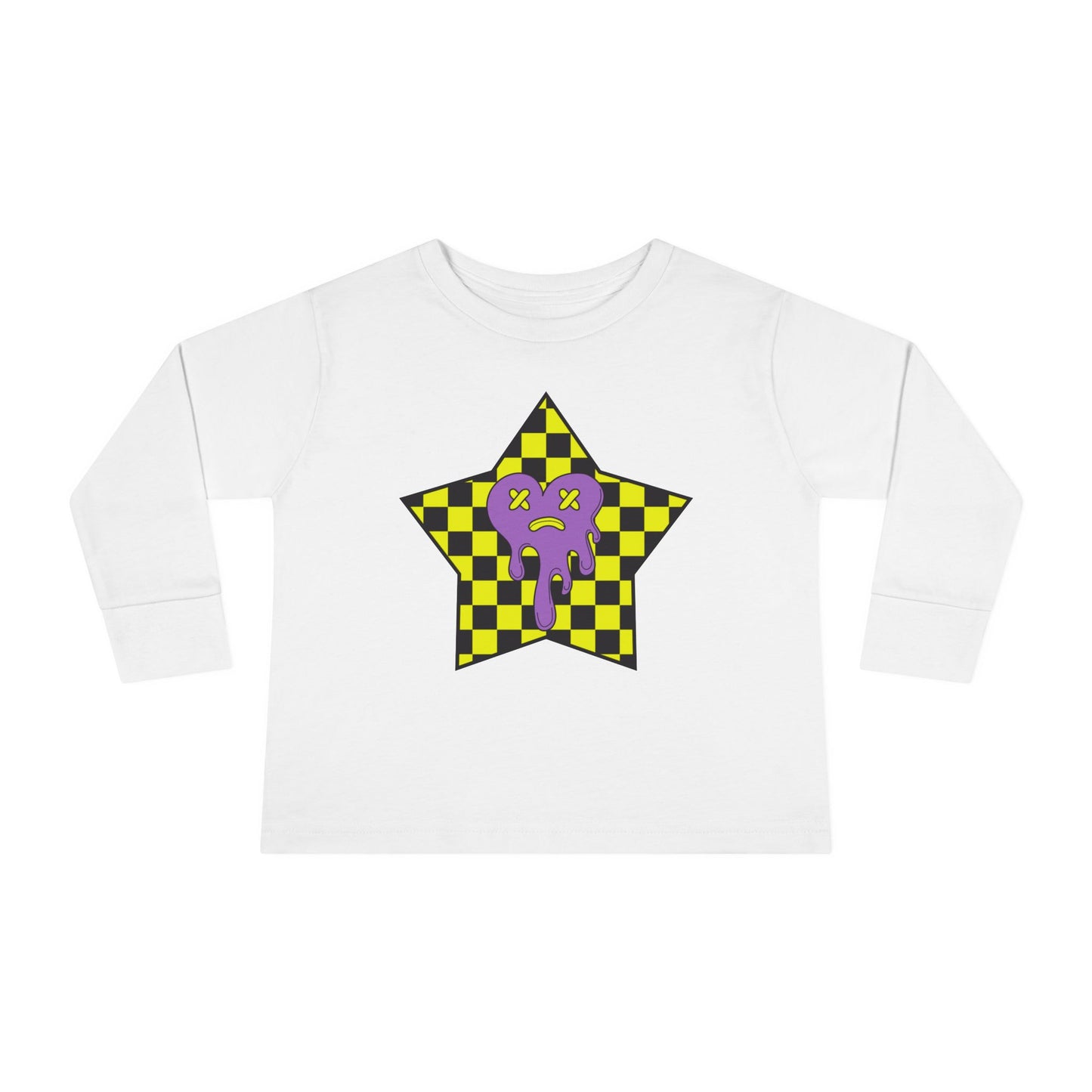 Toddler Long Sleeve Tee - Yellow Checked Star with Purple Silly Heart, Kids Shirt, Children's Clothing, Checkered Top, Fun Patterned Tshirt,