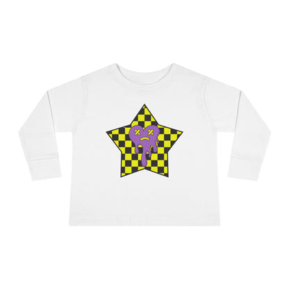 Toddler Long Sleeve Tee - Yellow Checked Star with Purple Silly Heart, Kids Shirt, Children's Clothing, Checkered Top, Fun Patterned Tshirt,