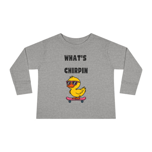 "What's Chirpin" Cute Toddler Long Sleeve Tee with Skateboarding Duck, Perfect for Playtime, Birthdays, and Everyday Fun, Kids Fashion, Baby Gift