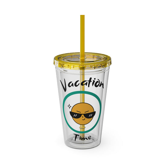 Sunsplash Vacation Time Tumbler with Straw | 16oz Clear Cup for Summer Drinks