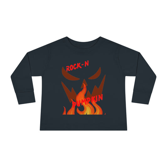 Rock-N-Pumpkin Toddler Long Sleeve Tee - Halloween, Fall, Kids Gift, Cute Outfit, Cozy Wear