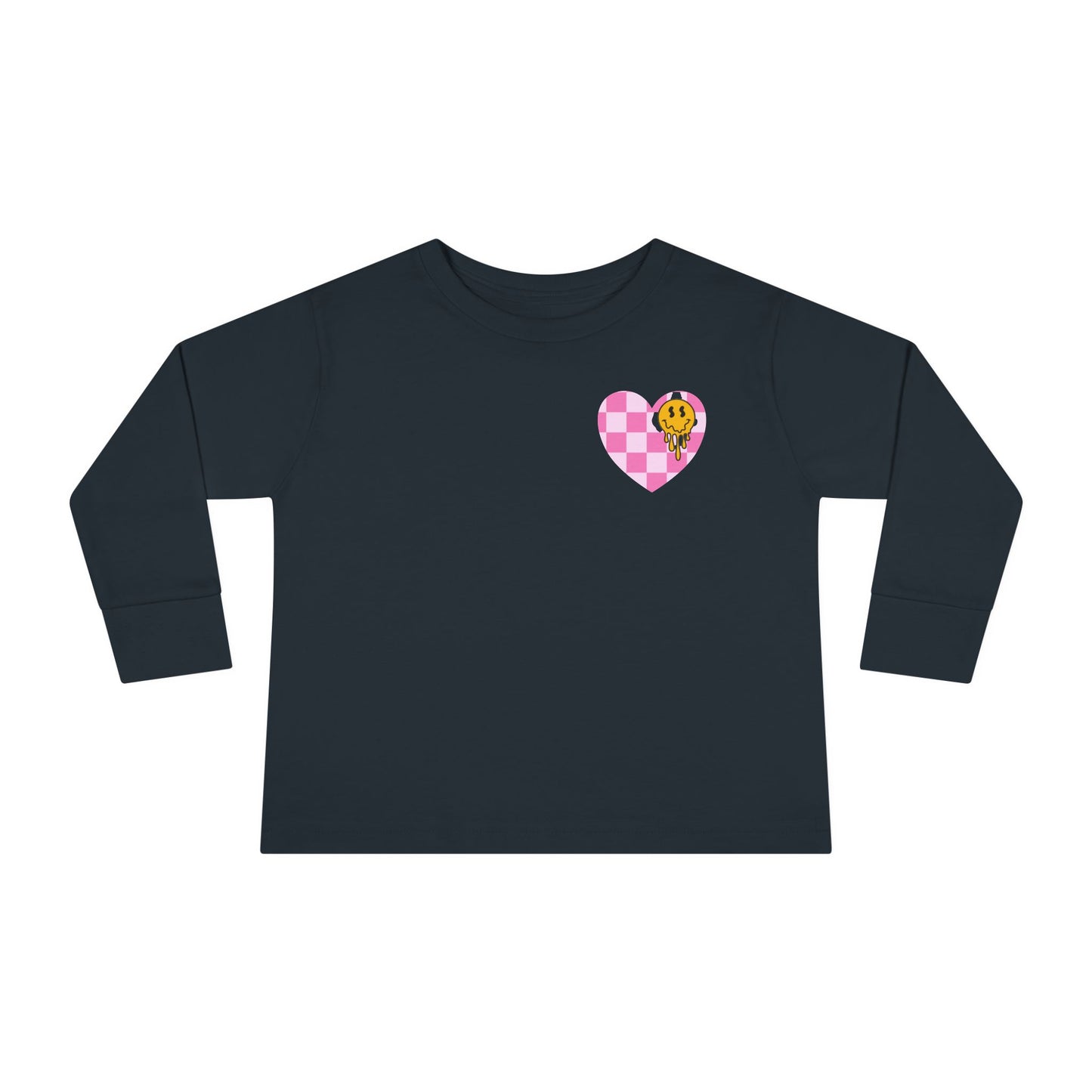 Checkered Pink Heart Toddler Tee, Smiley Face Long Sleeve Shirt for Kids, Girls Fashion Top, Children's Graphic Apparel, Cute Baby Clothes