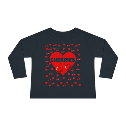 Cherries with Hearts Toddler Long Sleeve Tee, Cute Kids Shirt, Fruit Design Baby Shirt, Valentine's Day Top, Children's Clothing