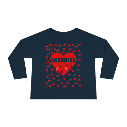 Cherries with Hearts Toddler Long Sleeve Tee, Cute Kids Shirt, Fruit Design Baby Shirt, Valentine's Day Top, Children's Clothing