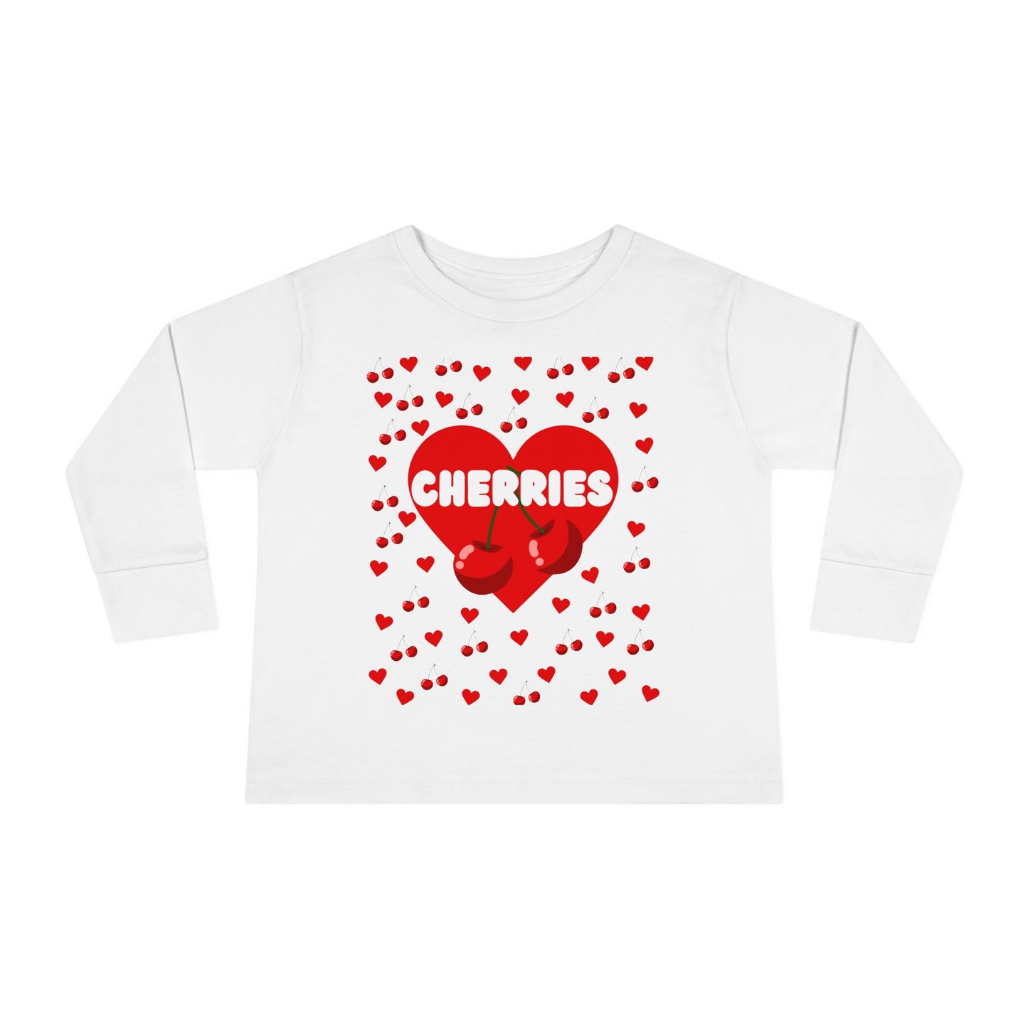 Cherries with Hearts Toddler Long Sleeve Tee, Cute Kids Shirt, Fruit Design Baby Shirt, Valentine's Day Top, Children's Clothing