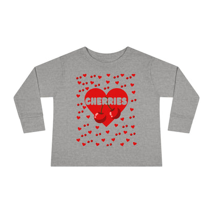 Cherries with Hearts Toddler Long Sleeve Tee, Cute Kids Shirt, Fruit Design Baby Shirt, Valentine's Day Top, Children's Clothing